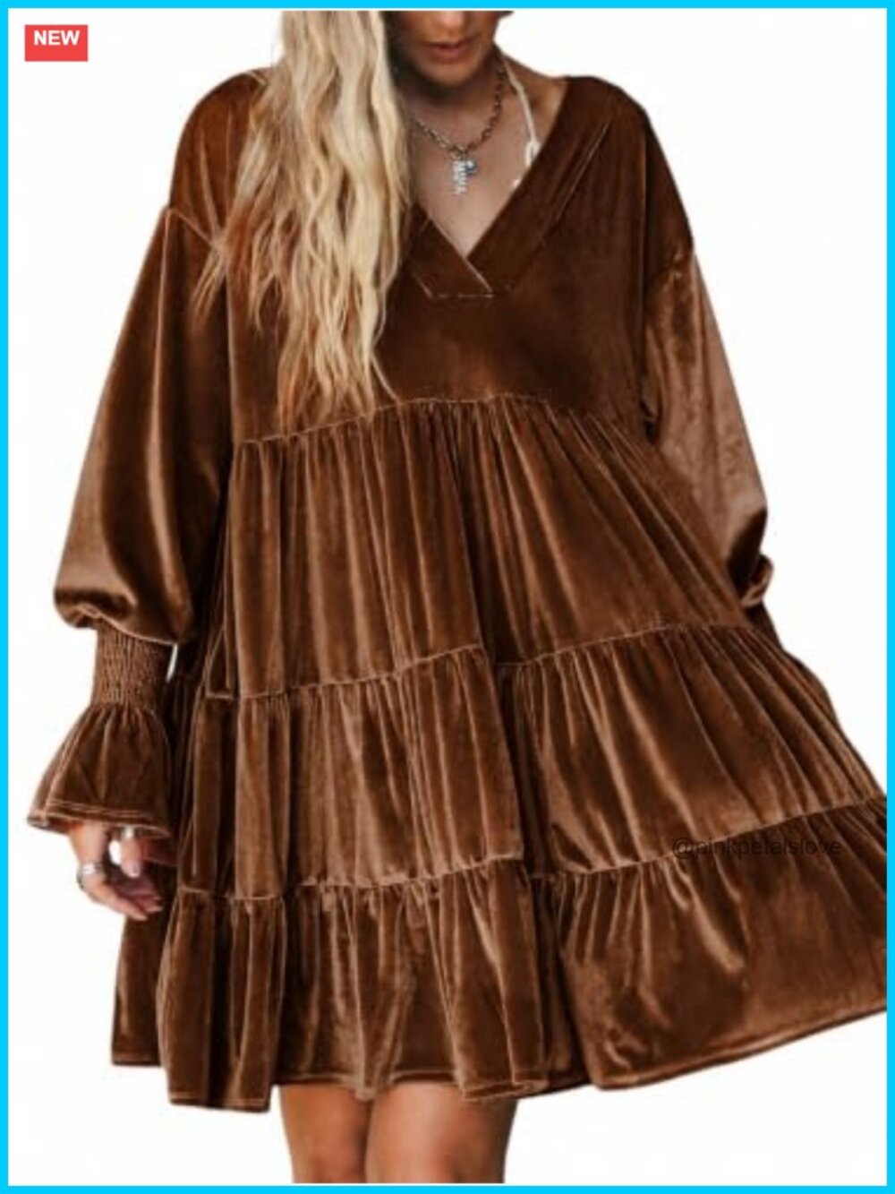 Velvet Tunic Dress Long Puff Sleeve Tiered Ruffle V-Neck